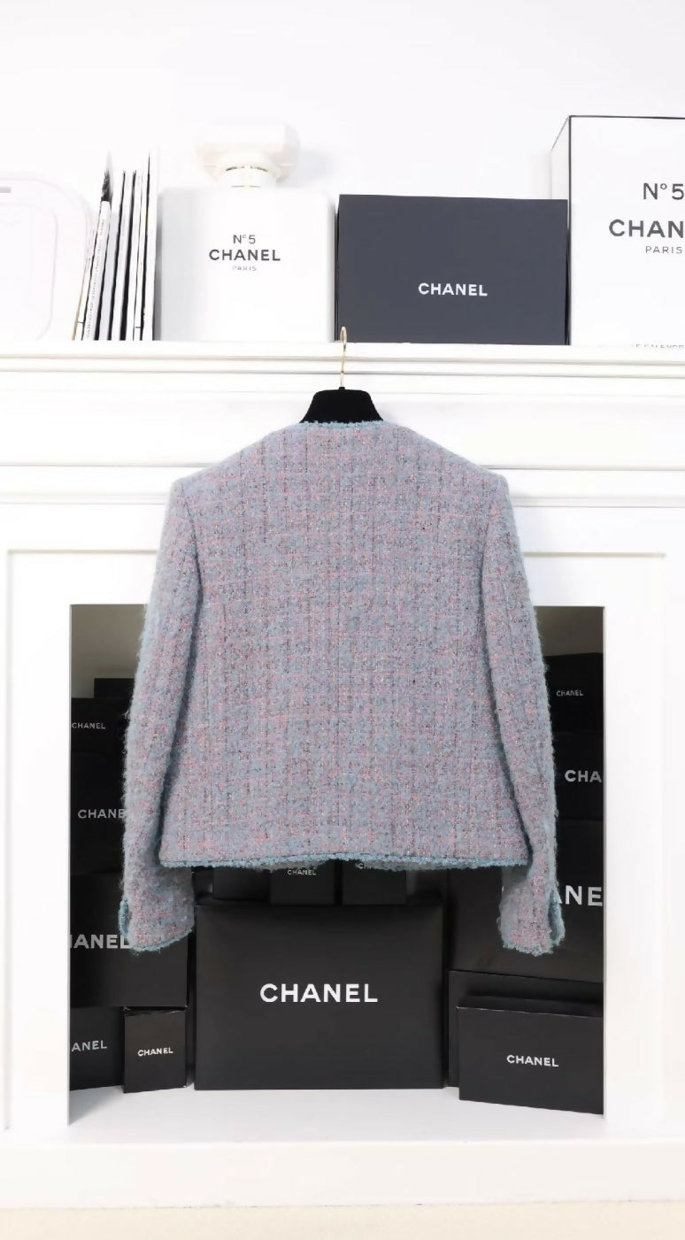 Chanel 1997 gray blue purple tweed jacket