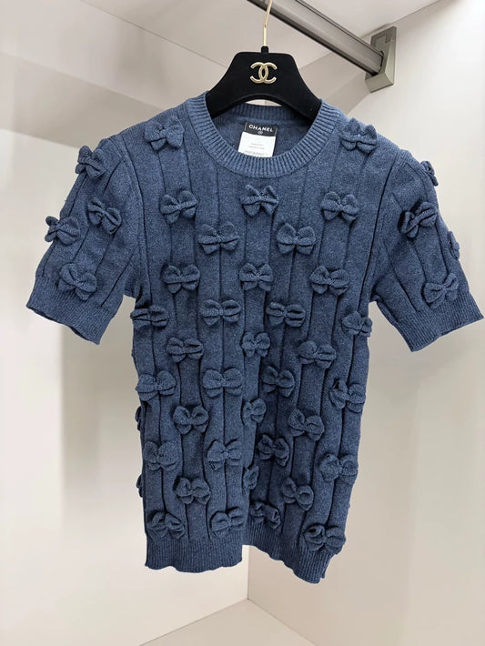 Chanel 15P Navy Blue Cashmere T-Shirt with Bows