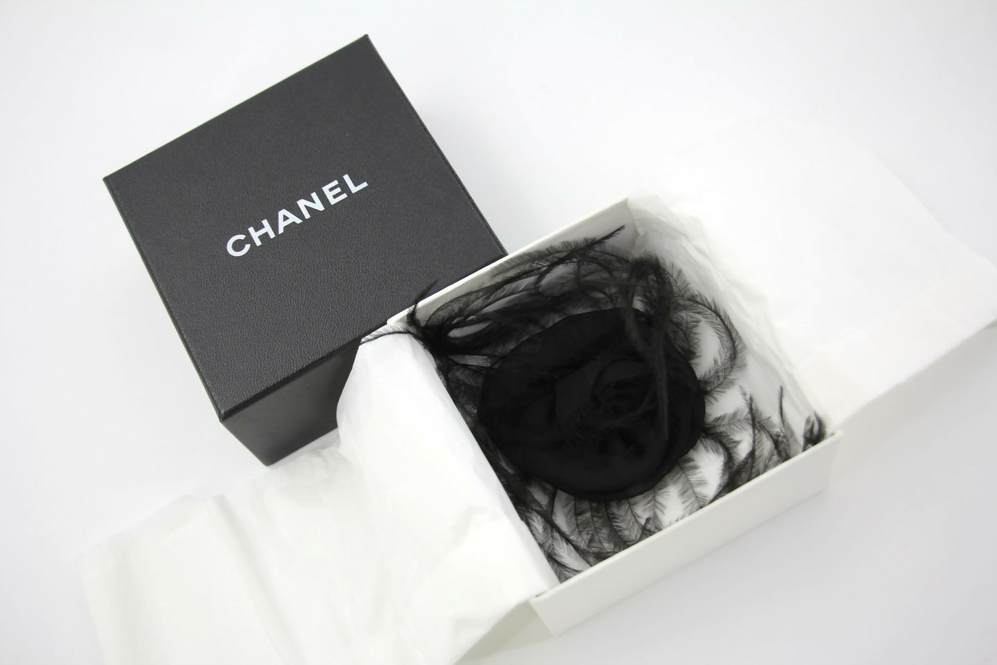 Chanel Vintage 81-85 Tulle Feather Black Camellia Silk Brooch