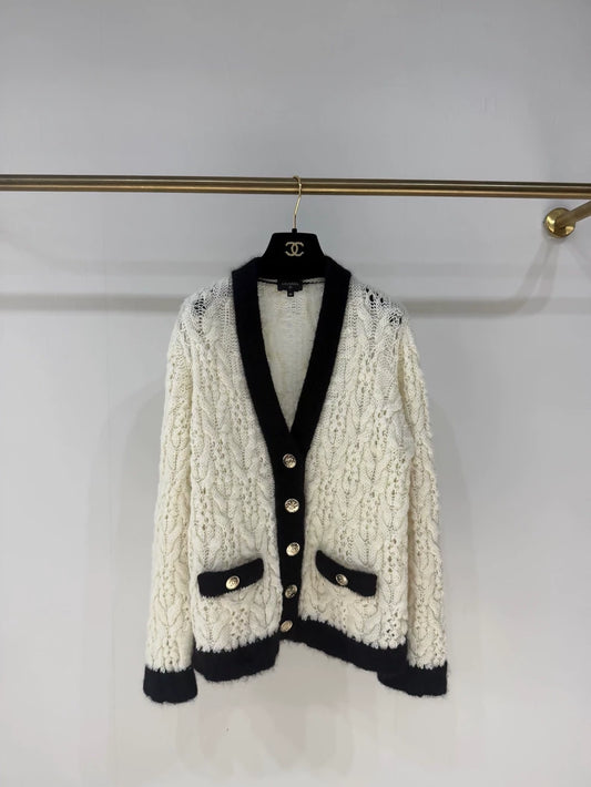 Chanel 25B Black and White Crocheted Knit Cardigan