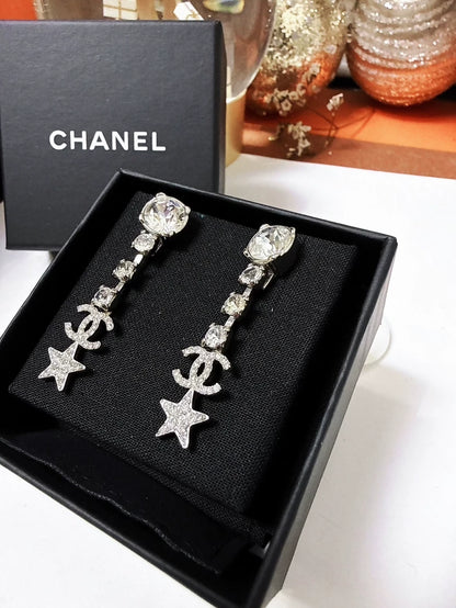 Chanel Spring/Summer 2020 Silver Double C Star Full Diamond Earrings