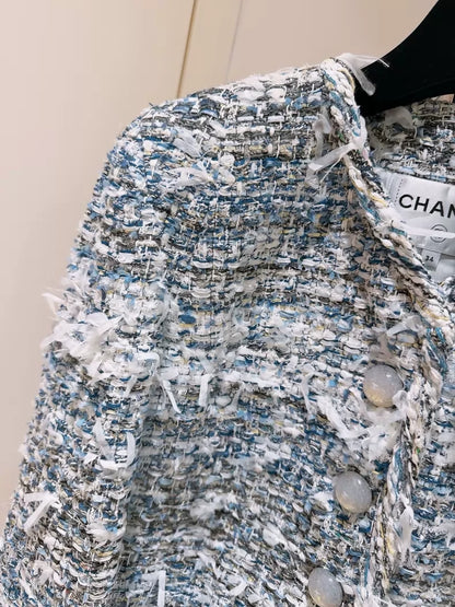 Chanel 18 Blue and White Fringe Heavy-Weave Tweed Jacket