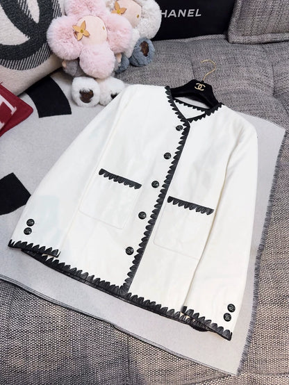 Chanel 21C Off-White Lambskin Leather Jacket with Black Trim