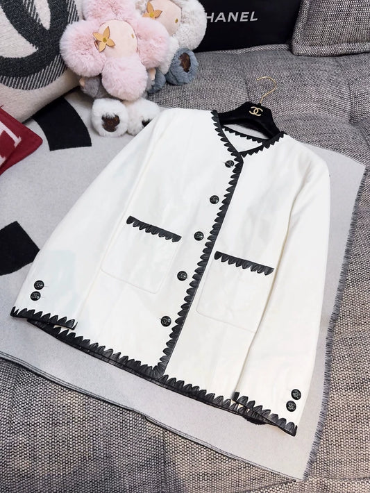 Chanel 21C Off-White Lambskin Leather Jacket with Black Trim