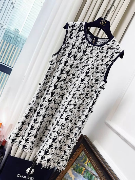 Dior black & white fringed houndstooth dress