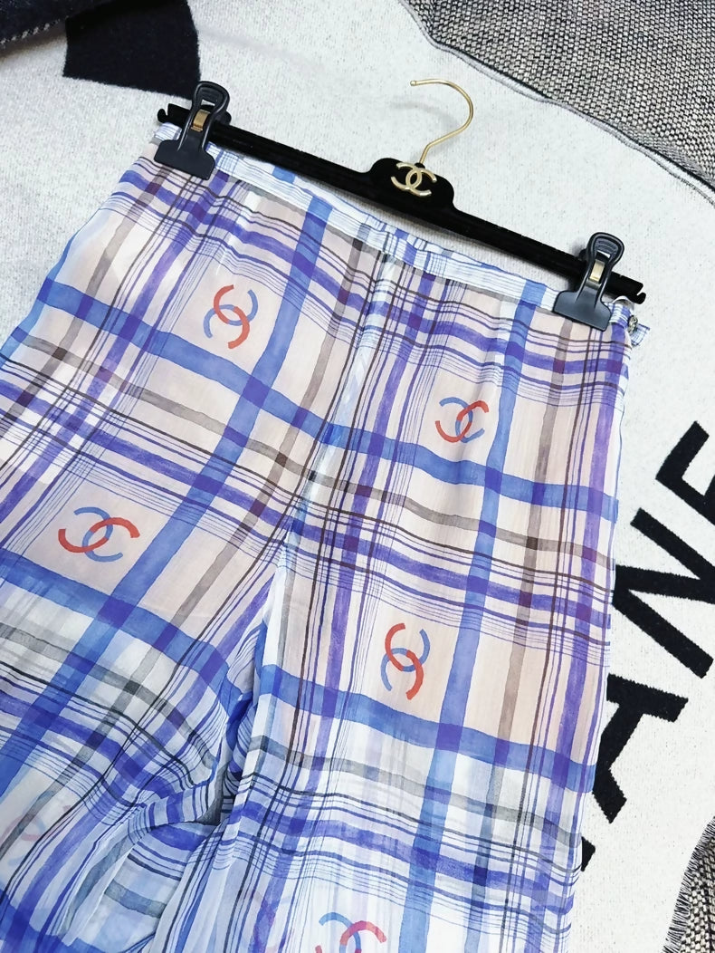 Chanel 23P Blue and White Silk CC Logo Pants