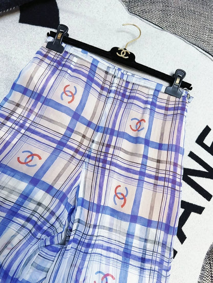 Chanel 23P Blue and White Silk CC Logo Pants
