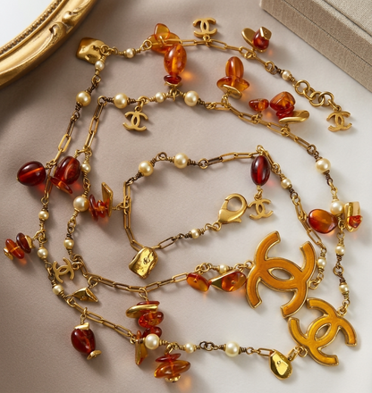 Chanel 11C Runway Amber Orange Gold Pearl Sautoir Long Strand Statement Necklace