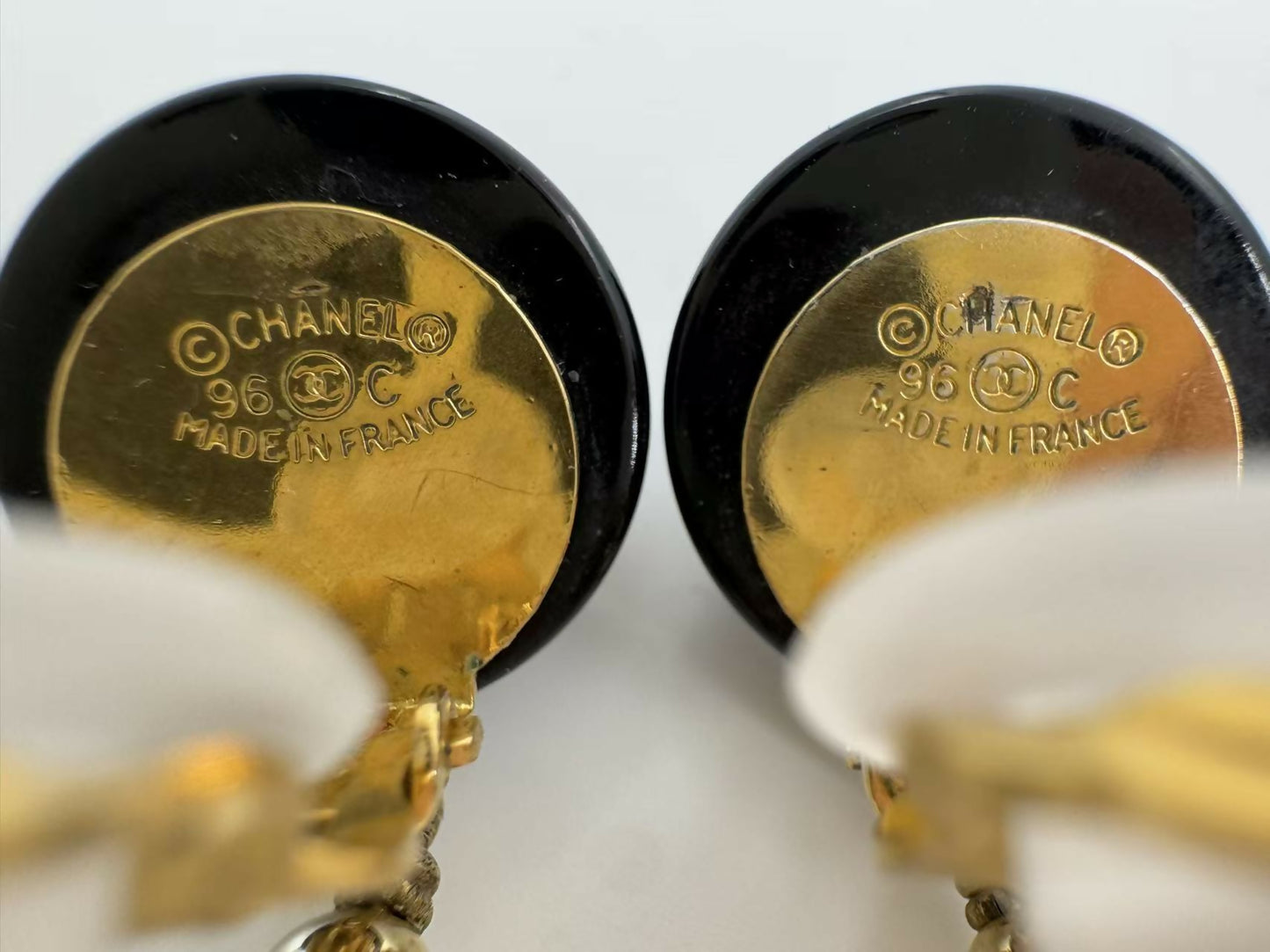 Chanel Vintage 96C Resin Dot Black Bean Imitation Pearl Dangle Clip-on Earrings