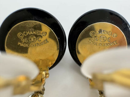 Chanel Vintage 96C Resin Dot Black Bean Imitation Pearl Dangle Clip-on Earrings