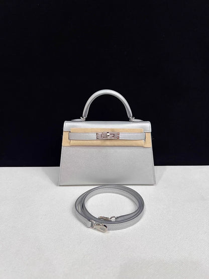 HERMES Mini Kelly 20 Olympic Silver leather gold hardware