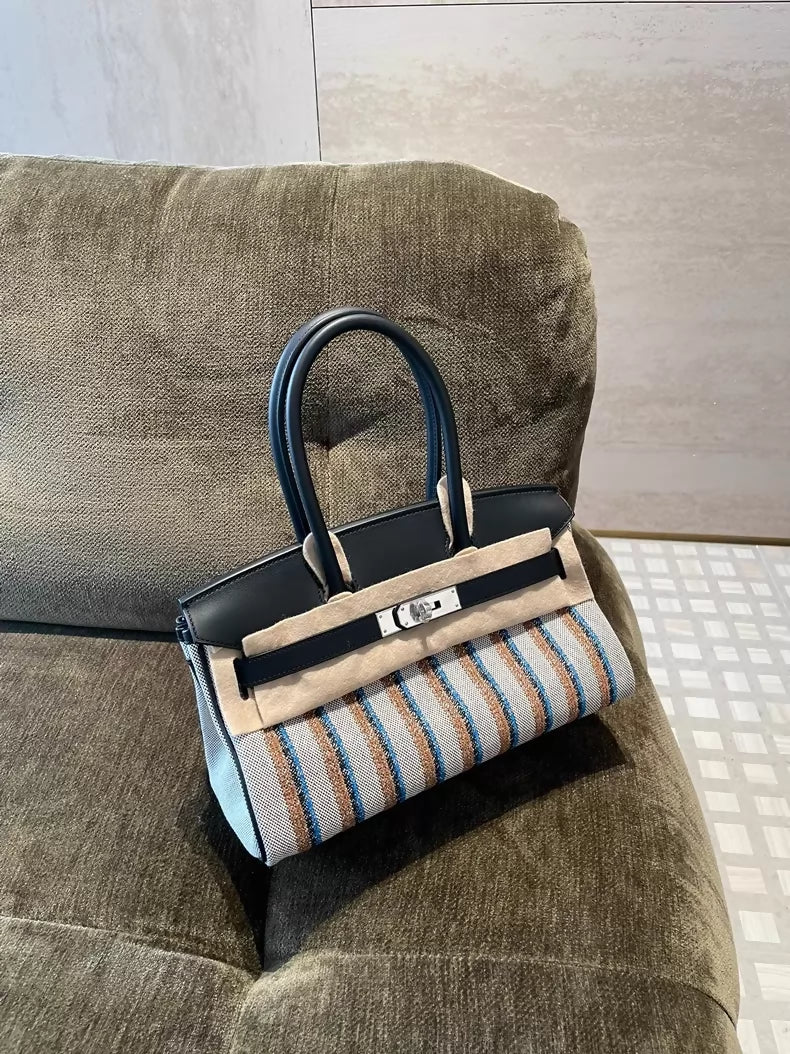 Hermès Birkin Shoulder Light 29 in Black Evercolor and Embroidered Toile Palladium Hardware