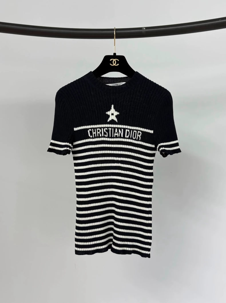 Dior classic lucky star striped knit short-sleeved top