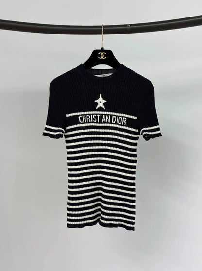 Dior classic lucky star striped knit short-sleeved top