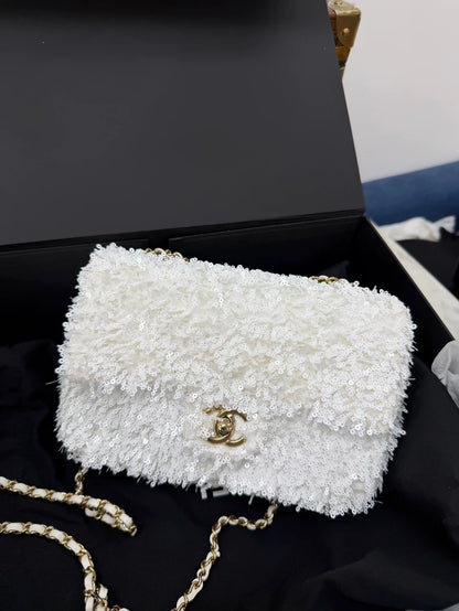 Chanel 25S White Sequin Flap Bag (CF) - Large Mini -