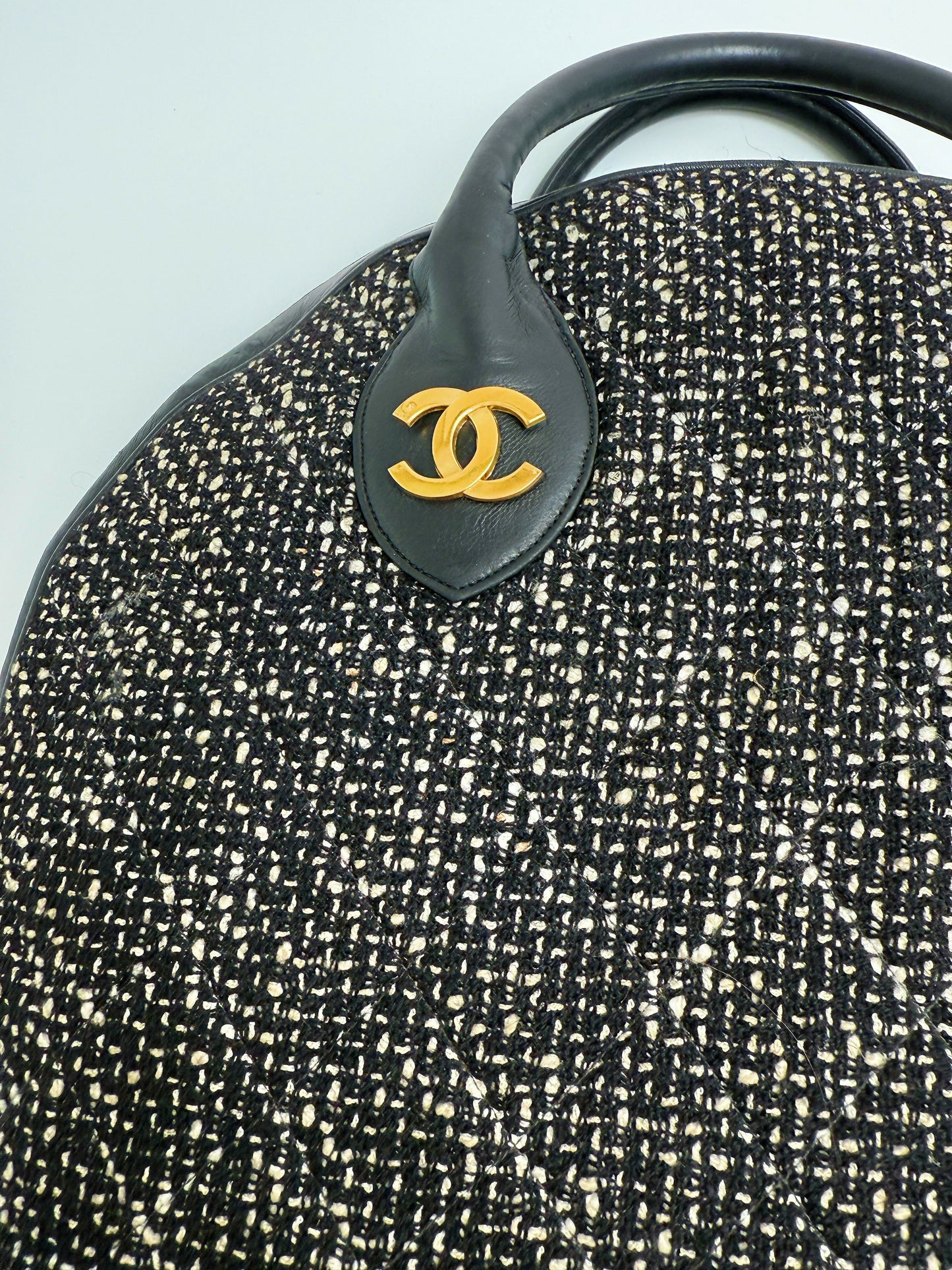 Chanel 1992 Half Moon Top Handle Bag – Black Tweed & Leather with Gold Hardware