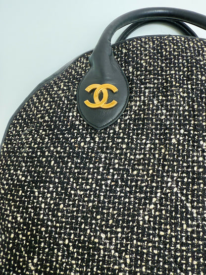 Chanel 1992 Half Moon Top Handle Bag – Black Tweed & Leather with Gold Hardware