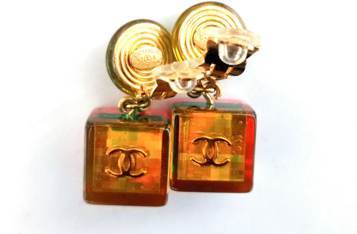 Chanel Vintage 97P Acrylic Iridescent Cube No.5 Clip-on Earrings