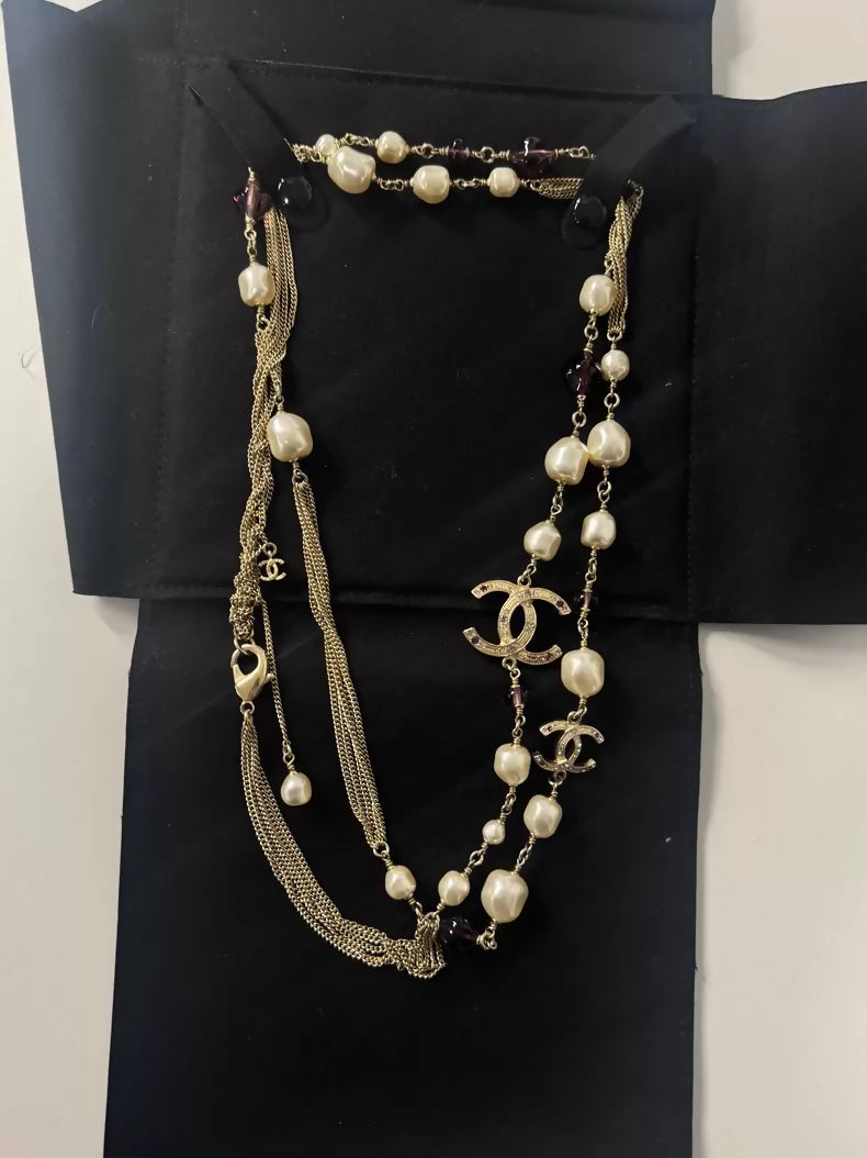 Chanel 12A Bombay Collection Purple Grape Glass Pearl Double Layer Necklace