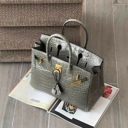 Hermès Birkin 30 Turtledove Gray Shiny Crocodile Leather with Gold Hardware