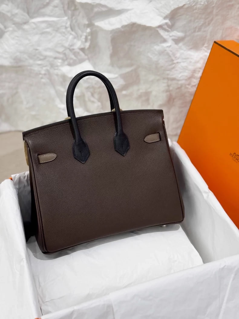Hermes Birkin 25 brown, grey and black Epsom leather palladium hardware
