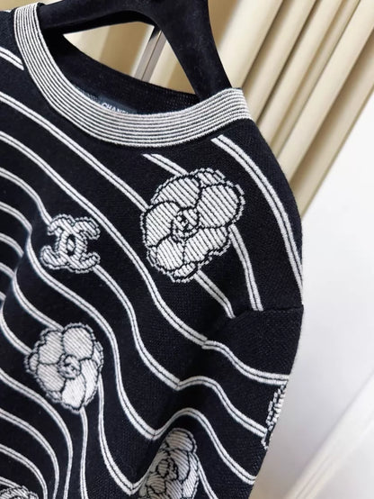 Chanel 23k black and white striped camellia double C logo knit sweater