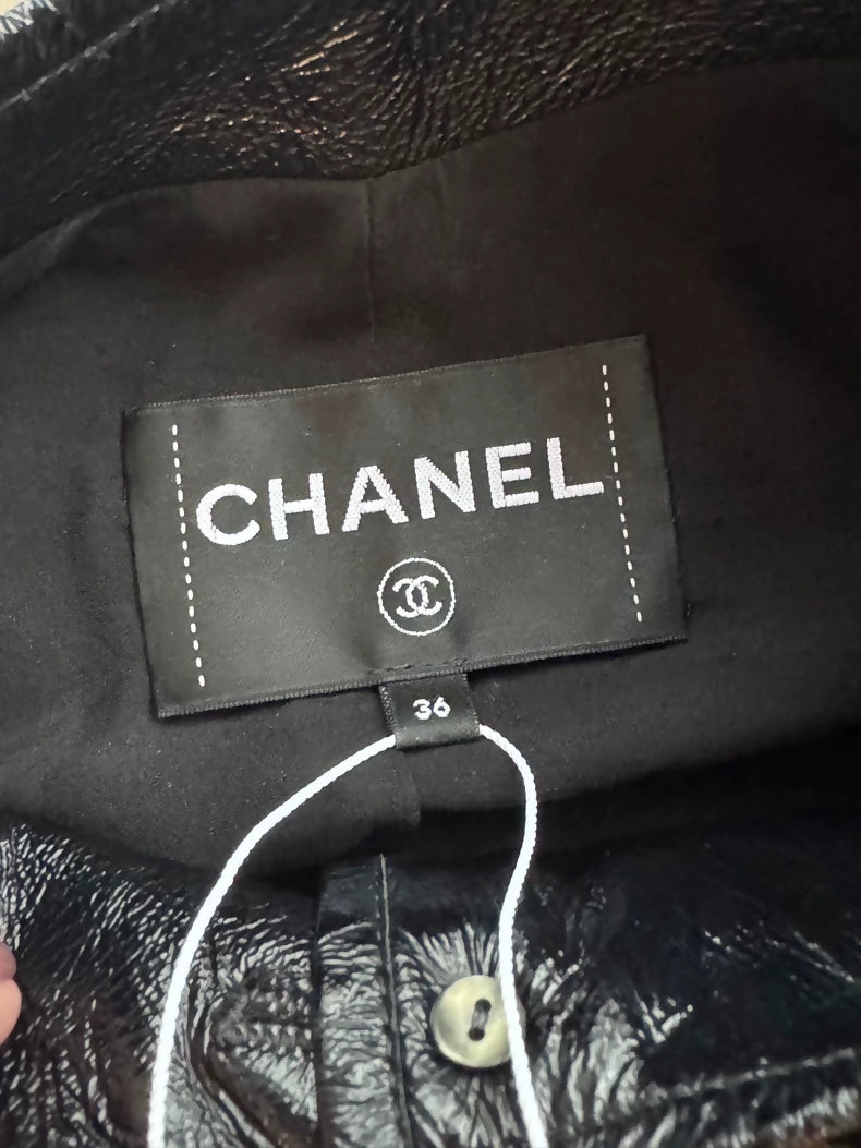 Chanel 23K Camellia Button Patent Leather Black Jacket