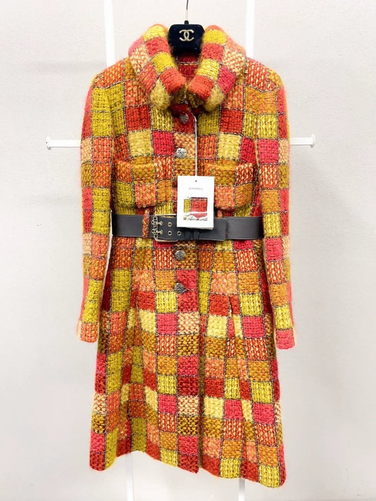Chanel 18 Orange yellow tweed long coat