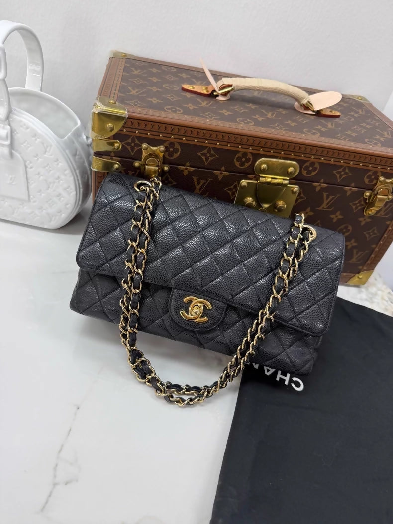 Chanel 2.55 CF Classic Black and Gold Flap Bag in calfskin leather