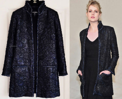 Chanel 16A Paris Rome Black Navy Metallic Camellia Jacquard Braid Long Coat Jacket FR 38