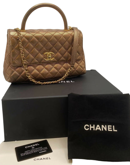 Chanel 19A Medium Metallic Rose Gold Copper Caviar Quilted Timeless Coco Handle Flap Bag
