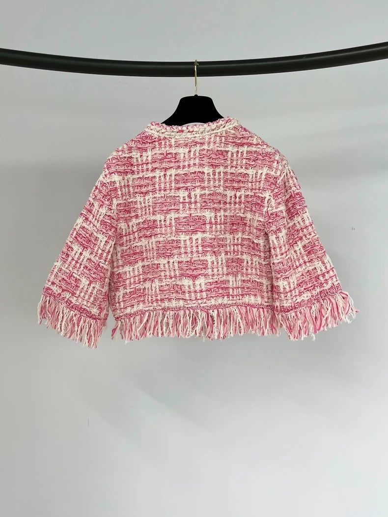 Chanel pink fringed tweed jacket