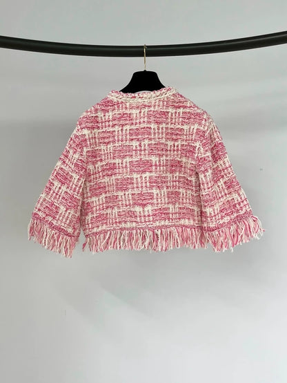 Chanel pink fringed tweed jacket