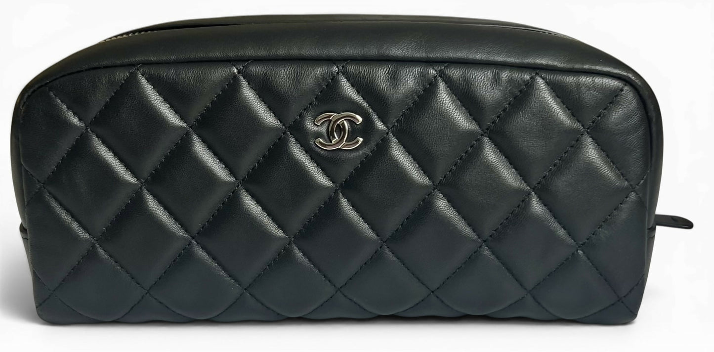 Chanel Black Lambskin Quilted Medium Rectangular Pouch Cosmetic Vanity Case Clutch