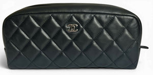 Chanel Black Lambskin Quilted Medium Rectangular Pouch Cosmetic Vanity Case Clutch