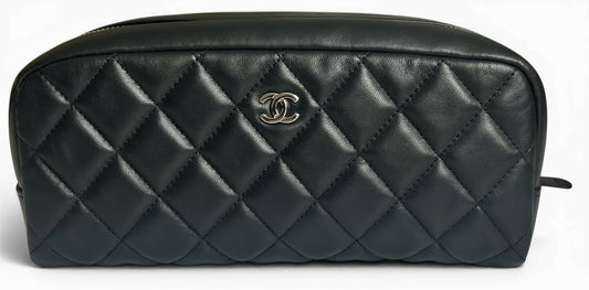 Chanel Black Lambskin Quilted Medium Rectangular Pouch Cosmetic Vanity Case Clutch