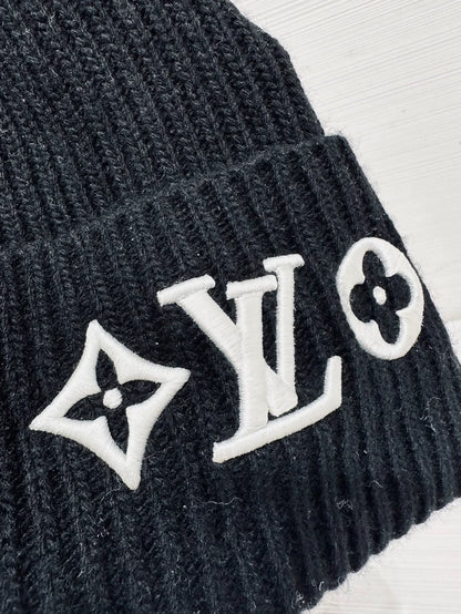 LV black logo embroidered wool beanie, unisex, 100% wool,