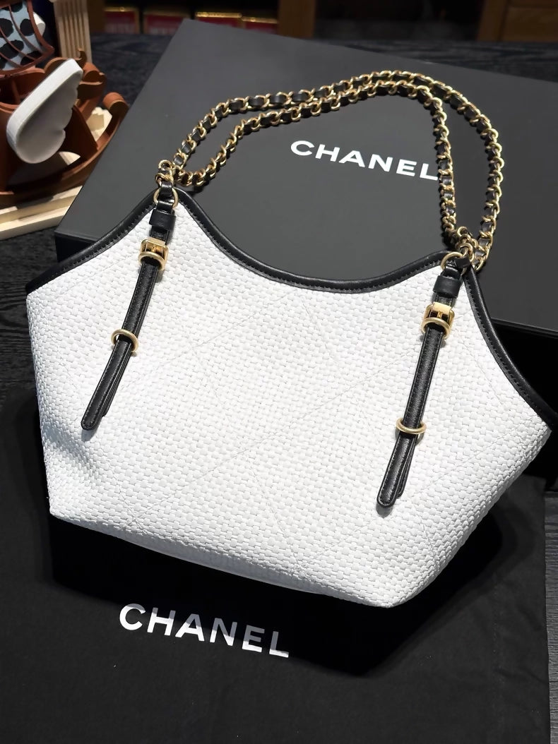 Chanel 26C Small White Woven Tote Bag with Black Trim