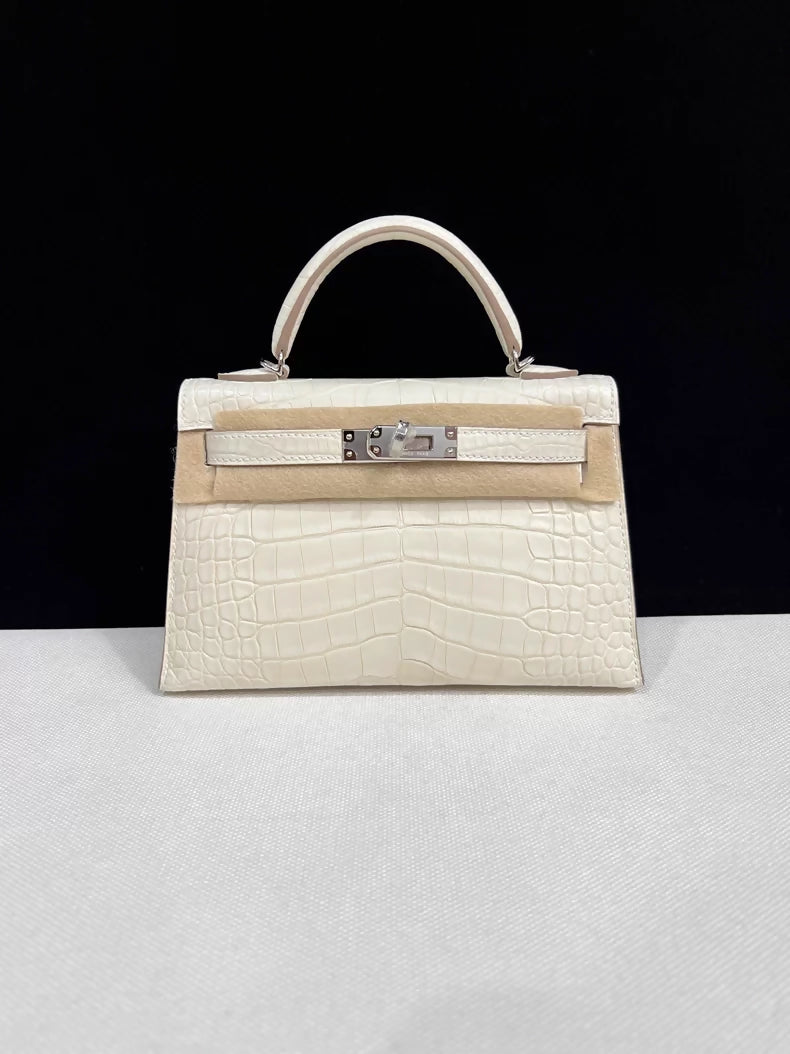 Hermes Mini Kelly 20 Cream White matte Crocodile Leather palladium hardware