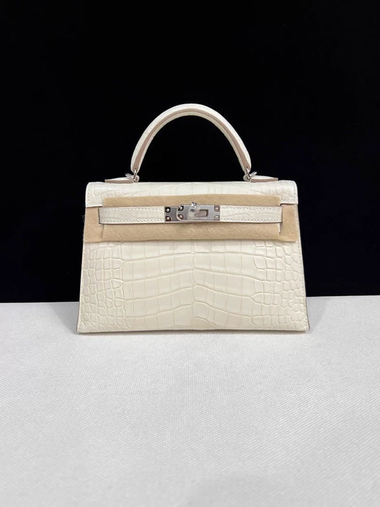 Hermes Mini Kelly 20 Cream White matte Crocodile Leather palladium hardware
