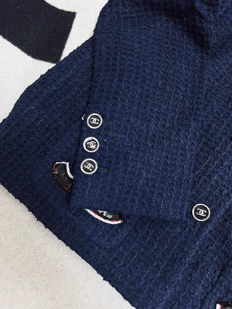 Chanel 24P blue sequined tweed jacket with double C