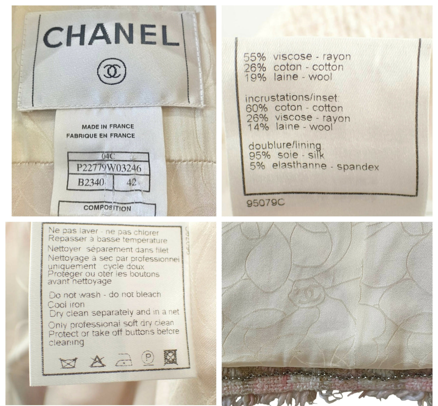 Chanel 04C Pink White Cream Fringe Tweed Checker Jacket FR 42