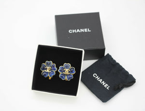 Chanel Vintage 97P Gripoix Gold-plated Purple & Blue Camellia Clip-on Earrings