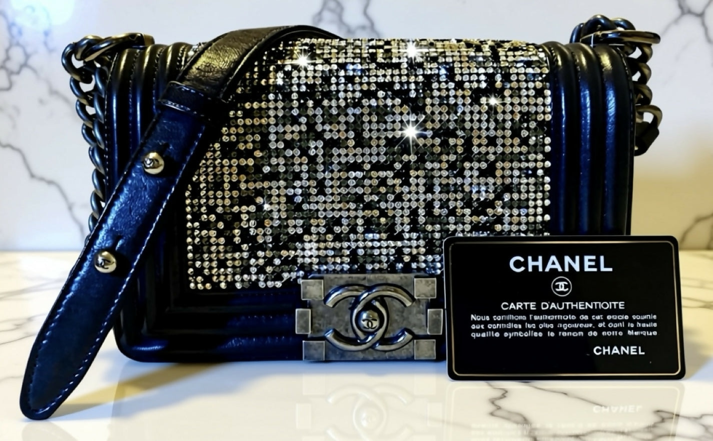 Chanel 14P Swarovski Crystals Small Black Leather Boy Bag