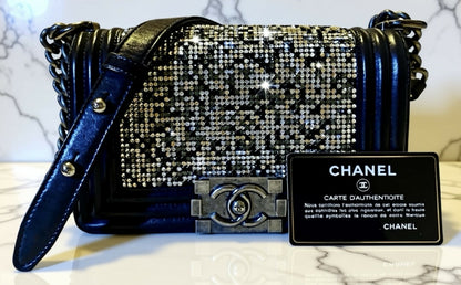 Chanel 14P Swarovski Crystals Small Black Leather Boy Bag