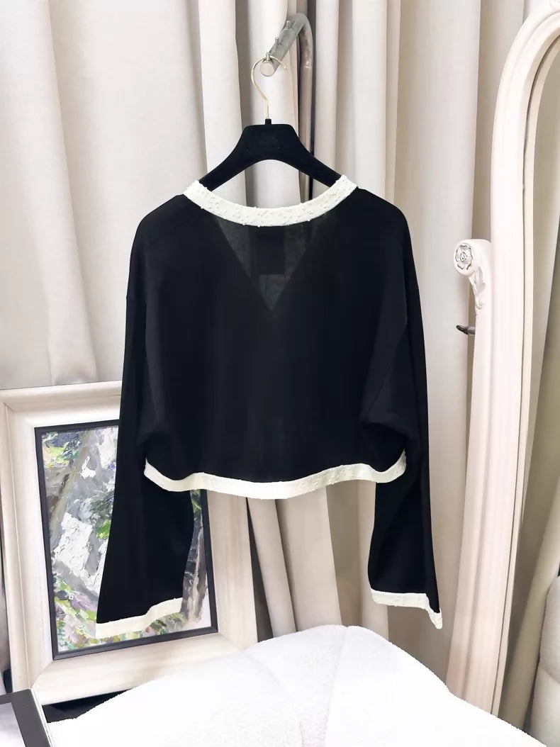 Chanel 25A black white knit cardigan