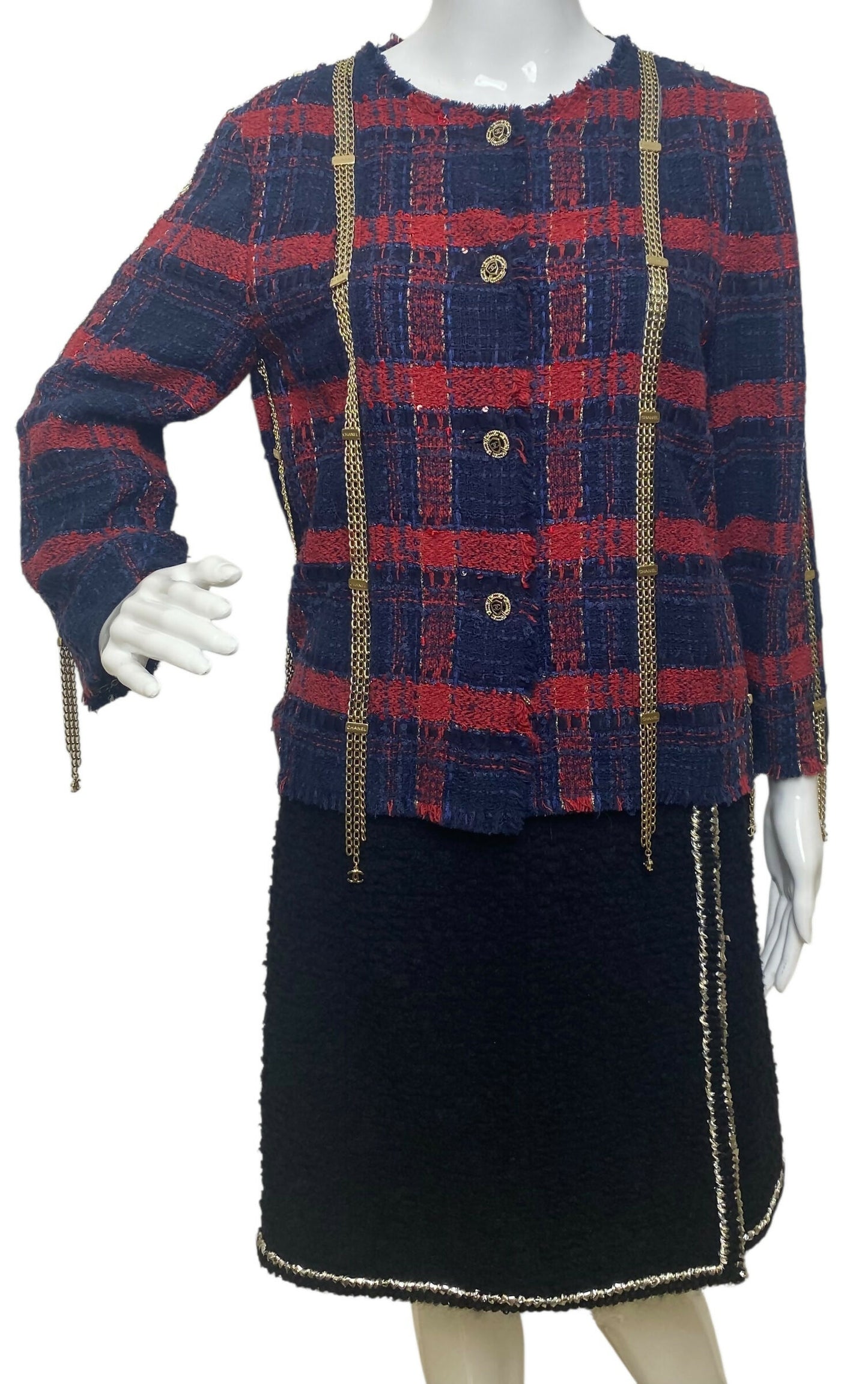 RARE CHANEL 08P RUNWAY BLUE RED GOLD CC CHAINS TWEED JACKET FR 44