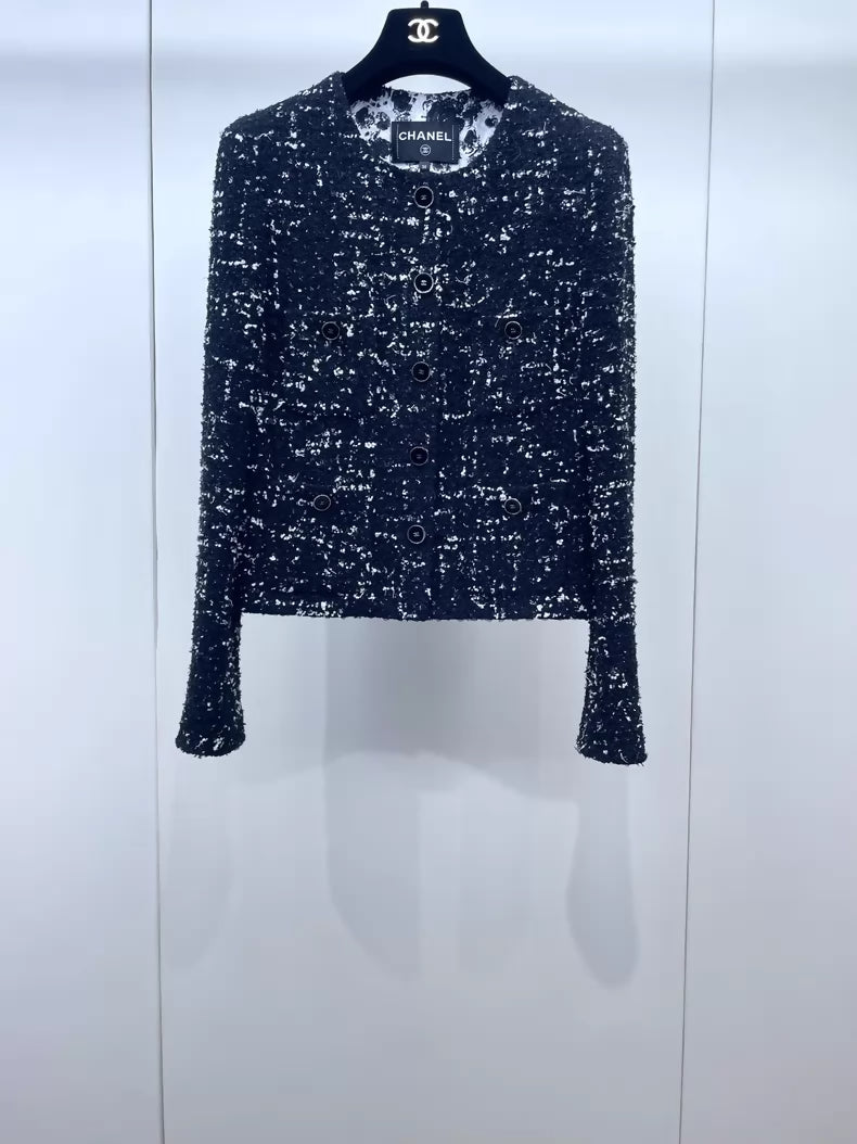 Chanel 26P black and white sequined tweed jacket