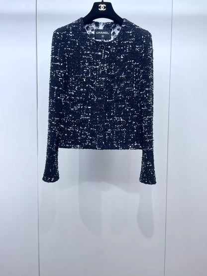 Chanel 26P black and white sequined tweed jacket