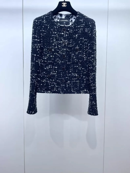 Chanel 26P black and white sequined tweed jacket